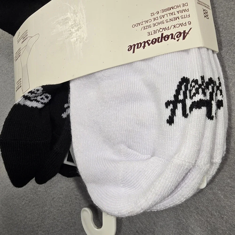 NWT 6-Pack Aeropostale Mens 6-12 Black White Crew Socks Athletic Aero 87 Graphic